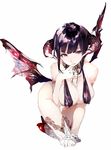  bangs bare_shoulders black_hair breasts cleavage demon_horns eyebrows eyebrows_visible_through_hair finger_to_mouth halterneck high_heels highres horns large_breasts mole mole_on_breast original red_eyes shunsei_(muratou) sidelocks simple_background solo thighhighs white_background wings wrist_cuffs 