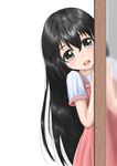  black_hair blurry blush bow brown_eyes child dress hair_between_eyes highres long_hair looking_at_viewer open_mouth original parsue peeking_out pink_bow pink_dress solo 