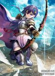  aiming armor arrow bell bird boots bow_(weapon) cape company_name drawing_bow dutch_angle feathers fire_emblem fire_emblem_cipher full_body gloves holding holding_arrow holding_bow_(weapon) holding_weapon kawasumi_mahiro knee_boots official_art one_knee outstretched_arm purple_eyes purple_hair solo weapon white_footwear yuzu_(fire_emblem) 