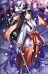  absurdres back-to-back black_hair blue_eyes breasts cherry_blossoms eiwa headband highres horns japanese_clothes large_breasts long_hair miko multiple_girls ninja queen's_blade shizuka_(queen's_blade) sword tomoe weapon 