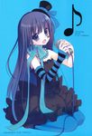  akiyama_mio bangs bare_shoulders black_hair blue_eyes blue_legwear blunt_bangs blush don't_say_&quot;lazy&quot; dress facepaint fingerless_gloves gloves hat highres hime_cut hinayuki_usa jewelry k-on! kneeling long_hair microphone mini_hat mini_top_hat music musical_note necklace open_mouth pantyhose ribbon scarf singing solo striped top_hat vintage_microphone 
