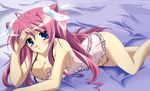  absurdres bed_sheet blue_eyes blush breasts cleavage detexted feathers highres hiratsuka_tomoya koihime_musou large_breasts lingerie long_hair non-web_source official_art panties pink_hair ryuubi see-through side-tie_panties solo third-party_edit underwear very_long_hair 