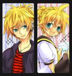 aqua_eyes bad_id bad_pixiv_id blonde_hair casual child dual_persona headphones highres jewelry kagamine_len male_focus necklace necktie older smile teito vocaloid 