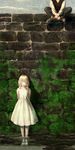  1girl absurdres blonde_hair closed_eyes diolemonde dress flower highres moss original pale_skin smile solo_focus stone_wall wading wall water white_dress 