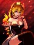  1girl :d armlet black_legwear blonde_hair blue_eyes bowsette breasts cleavage collar collarbone crossed_legs earrings eyebrows_visible_through_hair fangs fire hair_between_eyes head_rest high_ponytail hizuki_rei horns jewelry large_breasts legs_crossed long_hair looking_at_viewer mario_(series) new_super_mario_bros._u_deluxe nintendo open_mouth pointy_ears sitting smile solo strapless super_crown thighhighs 