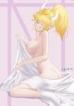  1girl ;q absurdres ass blonde_hair blue_eyes bowsette breasts eyebrows_visible_through_hair from_side hair_between_eyes head_tilt high_ponytail highres horns large_breasts long_hair lyran22 mario_(series) new_super_mario_bros._u_deluxe nintendo nipples nude one_eye_closed pointy_ears sitting smile solo super_crown tongue tongue_out 