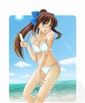  bad_id bad_pixiv_id bikini blush brown_hair day food hair_ribbon highres hiro_1209 nanpo_kazue ocean popsicle ribbon saki solo swimsuit 