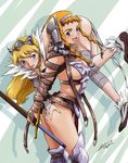  absurdres armor ass ass_grab belt blonde_hair blue_eyes blush braid breasts buckle elina highres hisayuki_hirokazu large_breasts leina multiple_girls queen's_blade revealing_clothes sideboob sword tongue twin_braids weapon 