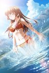  bikini blush brown_hair chikotam closed_eyes cloud day dutch_angle eden_they_were_only_two_on_the_planet front-tie_top halter_top halterneck highres long_hair navel outdoors side-tie_bikini sky smile solo splashing swimsuit wading water 