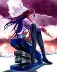  bakemonogatari black_legwear boxcutter crossed_legs diolemonde highres legs long_hair monogatari_(series) purple_eyes purple_hair school_uniform scissors senjougahara_hitagi sitting skirt solo stapler star thighhighs zettai_ryouiki 