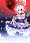  apron braid breasts cleavage curtsey expressionless garter_straps garters highres izayoi_sakuya looking_at_viewer maid medium_breasts moon no_panties north_abyssor pocket_watch red_eyes red_moon short_hair silver_hair skirt skirt_lift solo thighhighs touhou twin_braids watch 