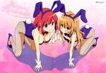  absurdres aisaka_taiga all_fours animal_ears bow breasts brown_hair bunny_ears bunny_girl bunnysuit cleavage fishnets high_heels highres holding_hands interlocked_fingers itou_youko kushieda_minori long_hair medium_breasts megami multiple_girls official_art pantyhose purple_eyes red_eyes red_hair short_hair small_breasts toradora! 