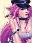  absurdres breasts cigar cleavage collar cuffs final_fight fingernails handcuffs hat highres kei03 large_breasts lips lipstick long_hair makeup nail_polish peaked_cap pink_hair pink_nails poison_(final_fight) realistic scan signature skull_and_crossbones smoking solo 