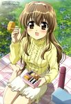  absurdres barefoot blush brown_eyes brown_hair drink food grass headband highres ishikawa_masakazu long_hair megami nogizaka_haruka nogizaka_haruka_no_himitsu obentou official_art omelet open_mouth picnic solo tamagoyaki very_long_hair 