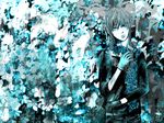  black_eyes blue_hair flower gloves heterochromia highres kaito male_focus monochrome scarf solo vocaloid yokan 