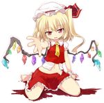  barefoot beckoning blonde_hair blood child flandre_scarlet foreshortening full_body hands hat highres looking_at_viewer mamo_williams one_side_up open_clothes open_skirt outstretched_arm outstretched_hand red_eyes ribbon short_hair simple_background sitting skirt solo touhou wariza wings 