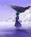  absurdres aircraft airplane cloud dress green_hair highres macross macross_frontier macross_quarter mecha petals ranka_lee short_hair sky vf-25 water wolfour 