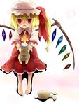  barefoot blonde_hair blush bunny flandre_scarlet hat highres one_side_up ponytail red_eyes short_hair solo stuffed_animal stuffed_bunny stuffed_toy tears tokira_nozumi touhou wings 