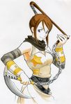  blue_eyes breasts brown_hair chain cleavage gorigo highres kusarigama large_breasts marker_(medium) nakatsukasa_tsubaki ponytail sickle solo soul_eater traditional_media weapon 