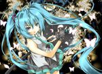  bare_shoulders blue_eyes blue_hair bug butterfly fingerless_gloves gloves hatsune_miku insect katana long_hair sheath solo sword unsheathing very_long_hair vocaloid weapon yuuki_kira 