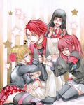  3girls absurdres armband bad_id bad_pixiv_id beatrice black_hair blonde_hair blue_eyes brother_and_sister flower hair_bobbles hair_ornament highres jacket long_hair lucifer multiple_girls noppo red_eyes red_hair siblings stakes_of_purgatory thighhighs twintails umineko_no_naku_koro_ni ushiromiya_ange ushiromiya_battler 