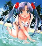  absurdres barefoot bikini blue_eyes blue_hair breasts cleavage copyright_request day fang flower foreshortening hair_flower hair_ornament hibiscus highres long_hair medium_breasts misaki_kurehito palm_tree solo swimsuit tree twintails water 