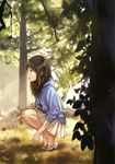  absurdres black_hair feet forest grass hands highres hood hood_down hoodie kishida_mel legs long_hair nature open_mouth original pleated_skirt sandals skirt sleeves_pushed_up smile solo squatting sunlight tree 