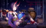  bow demon fang fate/grand_order fate_(series) food fruit horns mask petals purple_eyes purple_hair rimuu short_hair shuten_douji_(fate) torii watermark 