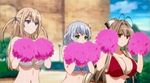  3girls amagi_brilliant_park animated animated_gif blonde_hair blue_eyes bouncing_breasts breasts brown_eyes brown_hair green_eyes large_breasts lowres multiple_girls muse_(amaburi) navel sento_isuzu silver_hair sylphy_(amaburi) 