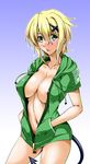  akatsuki_kirika areolae bad_id bad_twitter_id blonde_hair blush breasts center_opening collarbone covered_nipples cowboy_shot demon_tail eyebrows_visible_through_hair gradient gradient_background green_eyes hair_between_eyes hair_ornament hairclip hands_in_pockets hood hoodie kanten large_breasts looking_at_viewer naked_hoodie navel no_panties open_clothes open_hoodie open_mouth senki_zesshou_symphogear short_hair short_sleeves solo standing sweat tail x_hair_ornament 