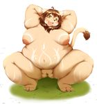  1girl areolae breasts brown_hair fangs fat furry lion long_hair looking_at_viewer nipples open_mouth radio_(radio-tou) smile solo yellow_eyes 