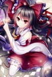  bare_shoulders black_hair bow detached_sleeves dress full_moon gohei hair_bow hair_tubes hakurei_reimu highres long_hair long_sleeves looking_at_viewer meng_xiao_jiong moon petals red_bow red_dress red_eyes ribbon-trimmed_legwear ribbon-trimmed_sleeves ribbon_trim smile solo spell_card thighhighs torii touhou white_legwear wide_sleeves zettai_ryouiki 