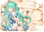  absurdres aqua_hair beamed_eighth_notes blue_dress braid closed_eyes dress eighth_note eighth_rest flower french_braid hatsune_miku highres long_hair marker_(medium) musical_note naruse_hizuki puffy_short_sleeves puffy_sleeves quarter_note sheet_music short_sleeves solo traditional_media twintails very_long_hair vocaloid 