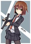  blazer brown_eyes brown_hair dual_wielding equilibrium gun gunkata highres holding jacket kantai_collection necktie pantyhose pepatiku pleated_skirt school_uniform shirt short_hair skirt solo twitter_username wakaba_(kantai_collection) weapon white_shirt 