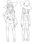  belt boots character_sheet cosmic_bear greyscale hand_on_hip hat hood hoodie kagari_atsuko knee_boots lineart little_witch_academia miniskirt monochrome skirt smile solo thigh_gap wide_sleeves witch_hat 