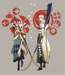  1girl alternate_costume amatari_sukuzakki animal_ears bangs black_hair boots fire_emblem fire_emblem_if full_body grey_background grey_hair highres joker_(fire_emblem_if) long_hair low_ponytail multicolored_hair naginata petals polearm purple_eyes red_eyes simple_background tail two-tone_hair velour_(fire_emblem_if) weapon wolf_ears wolf_tail 