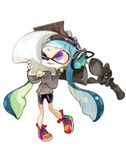  amiami bike_shorts blue_hair commentary_request domino_mask eyebrows headphones highres inkling long_hair mask object_hug one_eye_closed paintbrush purple_eyes shoes smile sneakers solo splatoon_(series) splatoon_1 sweater tentacle_hair thick_eyebrows 