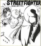  1girl black_hair boots breasts chun-li dated female huge_breasts kicking legs legs_up looking_at_viewer monochrome murata_yuusuke street_fighter traditional_media 