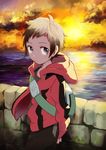  backpack bag brown_hair closed_mouth cloud cowboy_shot hood hood_down hooded_jacket jacket long_sleeves looking_at_viewer male_focus niimura_(csnel) no_hat no_headwear ocean open_clothes open_jacket outdoors pokemon pokemon_(game) pokemon_oras red_jacket sky solo sun sunset water yuuki_(pokemon) 