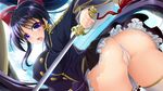  ass black_skirt blue_hair blush breasts clouds erect_nipples from_behind game_cg hair_ribbon highres holding holding_sword holding_weapon huge_breasts kouki_kuu legs long_hair long_sleeves looking_back open_mouth partially_visible_vulva ponytail puffy_nipples purple_eyes pussy ribbon school_uniform sengo_muramasa:_ken_no_gaika serious skirt sky solo standing sword thighs thong weapon 