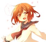  aka_muffler_yamato brown_eyes brown_hair fang hair_ornament hairclip ikazuchi_(kantai_collection) kantai_collection open_mouth school_uniform short_hair smile solo 