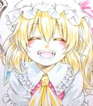 1girl :d ^_^ ascot blonde_hair blush crystal eyes_closed fang flandre_scarlet happy hat hat_ribbon mob_cap nora_wanko open_mouth pointy_ears portrait puffy_sleeves ribbon shirt short_sleeves side_ponytail simple_background smile solo teeth touhou traditional_media vest wings 