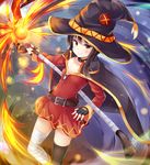  &gt;:) bandages black_hair gloves hat irohasu kono_subarashii_sekai_ni_shukufuku_wo! megumin red_eyes short_hair smile solo staff thighhighs v-shaped_eyebrows witch_hat 