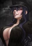  artist_request beatrix_bremer breasts east_german german grin hat large_breasts military military_uniform muvluv purple_hair red_eyes ringed_eyes schwarzesmarken smile solo translated unbuttoned uniform 