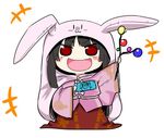  1girl :d animal_hood banned_artist black_hair blush branch bunny_hood chibi commentary_request gensei_ruri handheld_game_console hime_cut himouto!_umaru-chan hood houraisan_kaguya japanese_clothes jeweled_branch_of_hourai long_hair long_sleeves looking_at_viewer open_mouth parody playstation_portable protected_link red_eyes smile solo touhou trait_connection wide_sleeves 