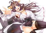  :d ahoge bare_shoulders blush boots breasts brown_hair cleavage detached_sleeves double_bun hairband headgear japanese_clothes kantai_collection kongou_(kantai_collection) large_breasts long_hair looking_at_viewer nontraditional_miko obiwan open_mouth outstretched_hand ribbon-trimmed_sleeves ribbon_trim simple_background smile solo thigh_boots thighhighs white_background 