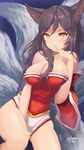  ahri animal_ears black_hair breasts facial_mark fox_ears fox_tail highres korean_clothes large_breasts league_of_legends long_hair low_neckline multiple_tails solo tail whisker_markings yellow_eyes z_-_chcrghan 