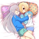  ahoge bed blonde_hair blush braid closed_eyes drooling ear_piercing hair_over_one_eye highres hood hoodie hoshi_shouko hug idolmaster idolmaster_cinderella_girls long_hair multiple_girls piercing pillow shirasaka_koume short_hair shorts silver_hair single_braid sleeping smile takatsurt very_long_hair yuri 