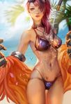  :d armpits backlighting bare_shoulders beach beach_towel bikini blue_sky blurry bodypaint choker collarbone contrapposto day depth_of_field gauntlets goggles goggles_on_head green_eyes heart horizon jewelry league_of_legends lips long_hair looking_at_viewer midriff multi-strapped_bikini navel necklace nose_piercing ocean open_mouth outdoors palm_tree parted_lips pendant piercing pink_hair purple_bikini sand sky smile solo splashing standing stomach sun sunlight swimsuit teeth towel tree vi_(league_of_legends) water water_drop yang_fan 