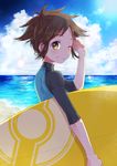  beach blue_sky brown_hair carrying_under_arm cloud day grin kyouhei_(pokemon) looking_at_viewer male_focus niimura_(csnel) no_hat no_headwear ocean one_eye_closed outdoors pokemon pokemon_(game) pokemon_bw2 sky smile solo sun surfboard water wet wet_hair wetsuit yellow_eyes 